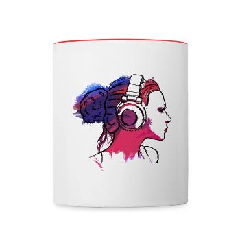 girl with headphones, woman with headphones - Mug contrasté - blanc/rouge - Devant