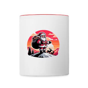 Weihnachtsmann mit Rentieren auf Bergspitze - Tasse zweifarbig - Weiß/Rot - Vorne