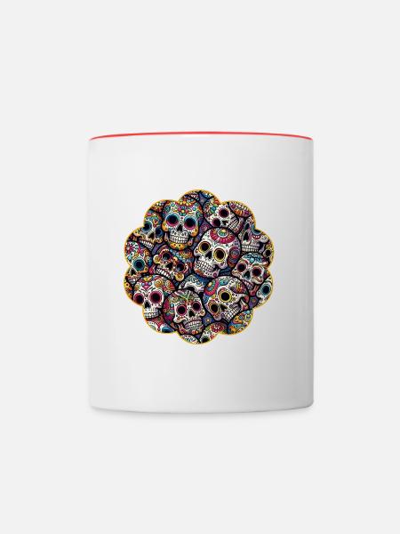 Buntes dekoratives Skullmuster - Tasse zweifarbig - Weiß/Rot