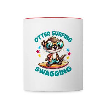 Funny surfing otter with sunglasses - Contrasting Mug - white/red - Front