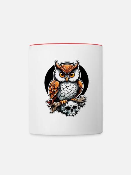 Eule sitzt auf Skull - Tasse zweifarbig - Weiß/Rot