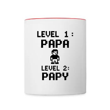LEVEL 1 : PAPA | LEVEL 2 : PAPY — Le T-shirt des H - Mug contrasté - blanc/rouge - Devant