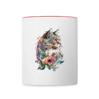 Boho Katze Aquarell Blumen - Tasse zweifarbig - Weiß/Rot - Vorne
