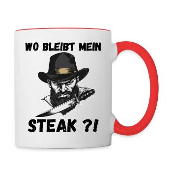 WO BLEIBT MEIN STEAK?! - Tasse zweifarbig - Weiß/Rot - Rechts