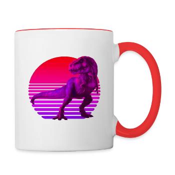 Retrowave Sonnenuntergang mit TRex - Tasse zweifarbig - Weiß/Rot - Rechts