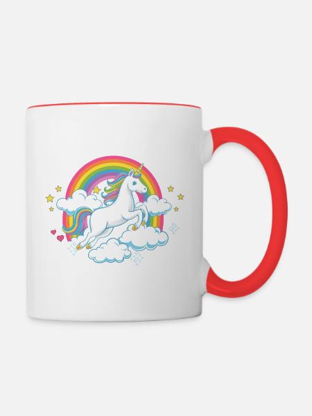 Licorne sous l’arc-en-ciel - T-shirts magiques - Mug contrasté - blanc/rouge