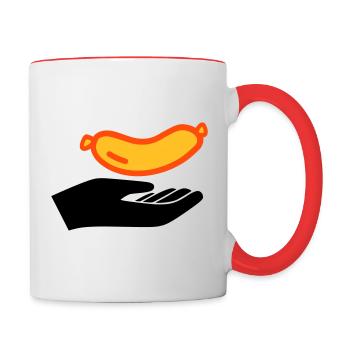 Hand reicht Würstchen - Tasse zweifarbig - Weiß/Rot - Rechts