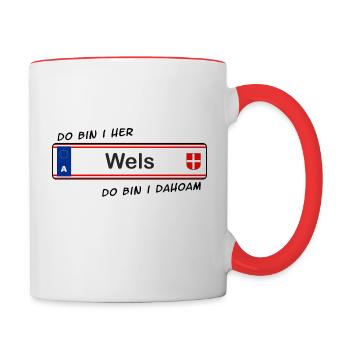 Wels - do bin i her - do bin i dahoam - Tasse zweifarbig - Weiß/Rot - Rechts