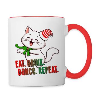 xmas cat Christmas Cat Eat Drink dance fun - Contrasting Mug - white/red - Right