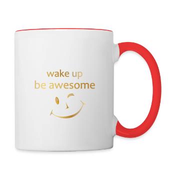Sprüche T-Shirt, Motivation, wake up, smile - Tasse zweifarbig - Weiß/Rot - Rechts