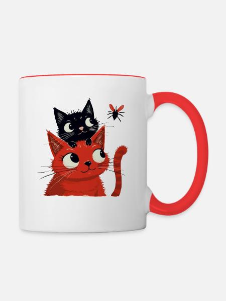 Cute Cat Illustration – Curious Cat Friends - Contrasting Mug - white/red