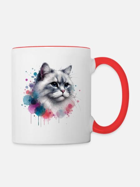 Aquarell Katzenkopf - Tasse zweifarbig - Weiß/Rot