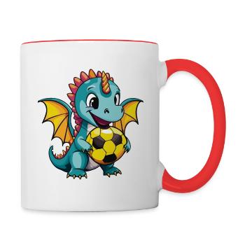 01 Baby Drache mit Fußball lustig Kinderbild - Tasse zweifarbig - Weiß/Rot - Rechts