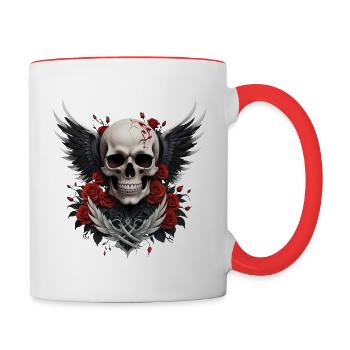 Geflügelter Totenkopf & rote Rosen, Gothic, Totenkopf - Tasse zweifarbig - Weiß/Rot - Rechts