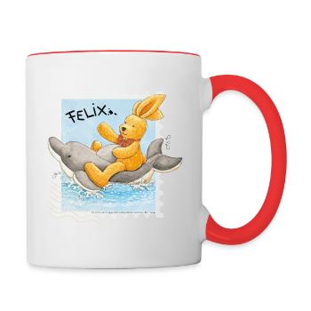 Felix der Hase reitet auf Delfin Briefmarke - Tasse zweifarbig - Weiß/Rot - Rechts