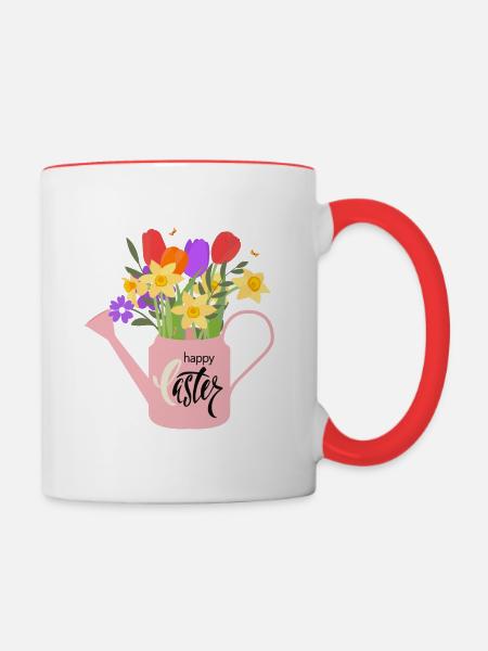 Happy Easter | Gießkanne mit Osterglocken - Tasse zweifarbig - Weiß/Rot
