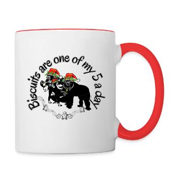 Biscuits are one of my 5 a day, Apes in Santa hats - Contrasting Mug - white/red - Right