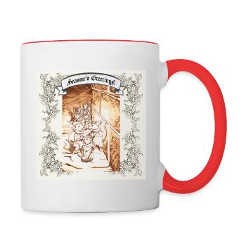 Christmas Mice, carol singing mice, antique, sepia - Contrasting Mug - white/red - Right