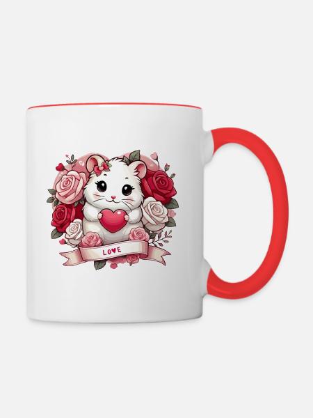 Romantischer Hamster mit Rosen - Tasse zweifarbig - Weiß/Rot