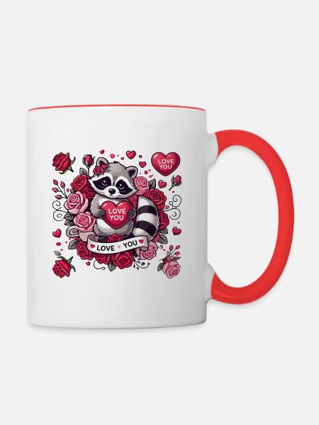 Niedliches Waschbär Valentinstag Design - Tasse zweifarbig - Weiß/Rot