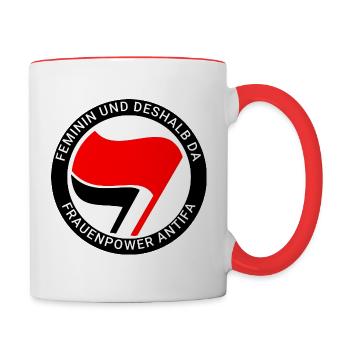 Feminin und deshalb da, Frauenpower Antifa - Tasse zweifarbig - Weiß/Rot - Rechts