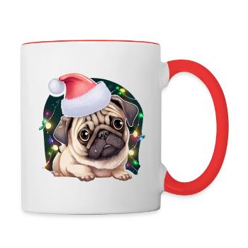 Carlin avec chapeau de Noël et guirlandes lumineuses - Mug contrasté - blanc/rouge - Droite