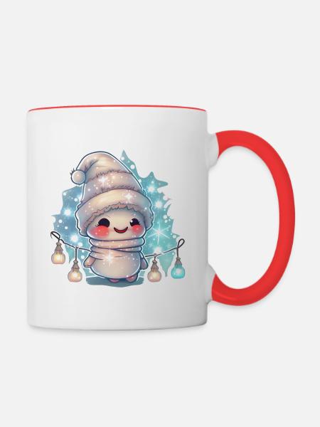 Bonhomme de neige câlin avec guirlandes lumineuses - Mug contrasté - blanc/rouge