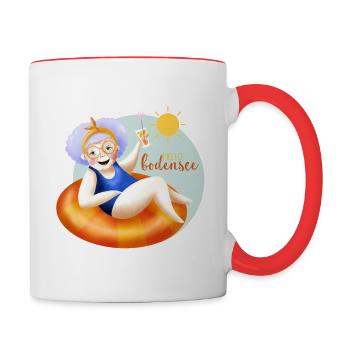 Grüße vom Bodensee | Fröhliche Oma im Schwimmreife - Tasse zweifarbig - Weiß/Rot - Rechts
