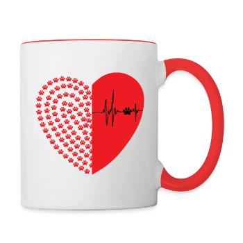 Hundepfoten Herz mit Herzschlag - Tasse zweifarbig - Weiß/Rot - Rechts