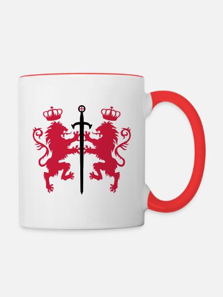 2 Loewen + sword crown heraldic animals 2c - Contrasting Mug - white/red