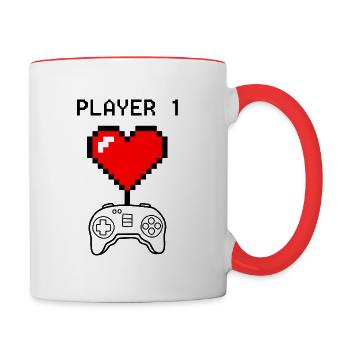 Pixel Love Herz und Joystik Player 1 Pärchen Motiv - Tasse zweifarbig - Weiß/Rot - Rechts