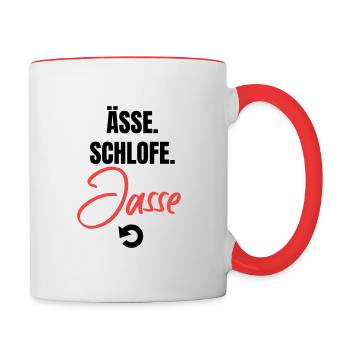 Essen, schlafen, jassen, repeat! - Tasse zweifarbig - Weiß/Rot - Rechts
