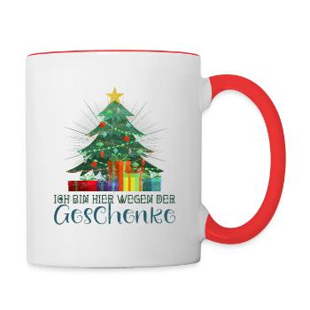 Ich bin wegen der Geschenke hier - Tasse zweifarbig - Weiß/Rot - Rechts