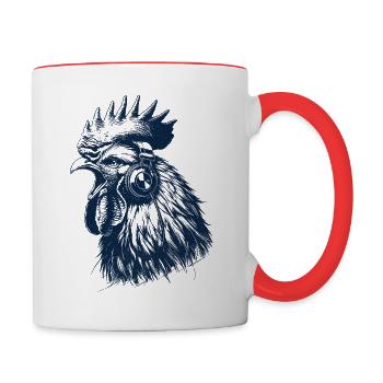 krähender Hahn mit Kopfhörer - Tasse zweifarbig - Weiß/Rot - Rechts