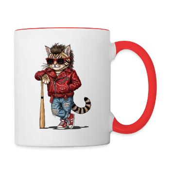 Katze im coolen Baseball-Look mit Vokuhila - Tasse zweifarbig - Weiß/Rot - Rechts