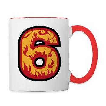 Nummer 6 mit Flammen - Zahl sechs mit Feuer 🔥 - Tasse zweifarbig - Weiß/Rot - Rechts
