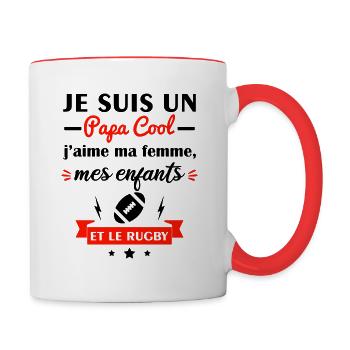 Papa cool j'aime ma femme, mes enfants, rugby - Mug contrasté - blanc/rouge - Droite