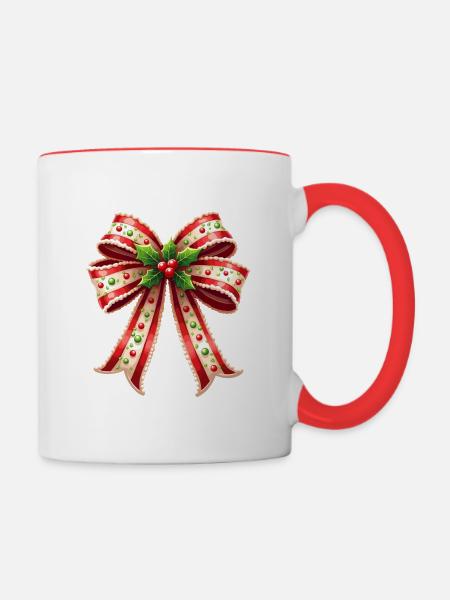 Weihnachtsgeschenk mit Zuckerrohrschleife - Tasse zweifarbig - Weiß/Rot