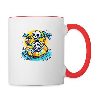 Skelett mit Schwimmreifen – Lustiges Sommerdesign - Tasse zweifarbig - Weiß/Rot - Rechts