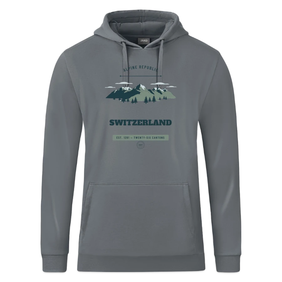 Switzerland badge on a jako organic hooded sweatshirt , grey