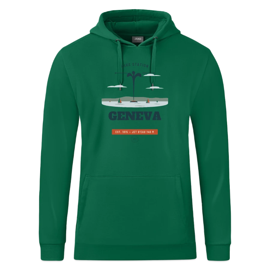 Geneva badge on a jako organic hooded sweatshirt , kelly green