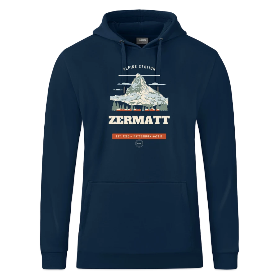 Zermatt badge on a jako organic hooded sweatshirt , marine