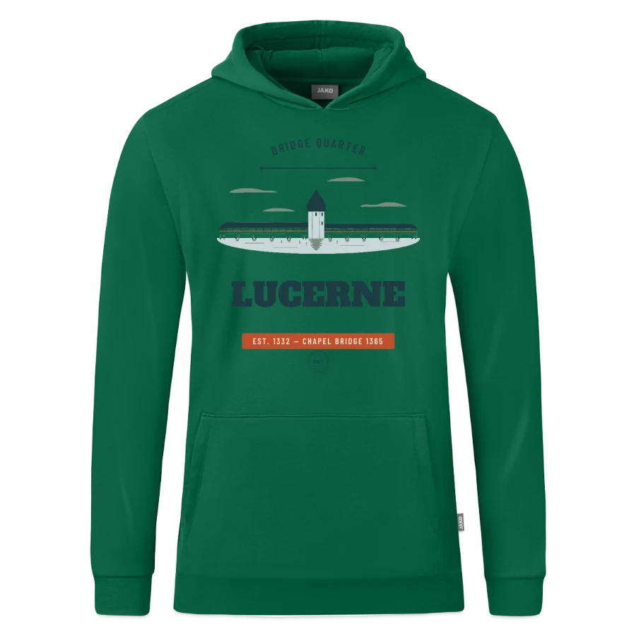 Lucerne badge on a jako organic kids’ hooded sweatshirt , kelly green