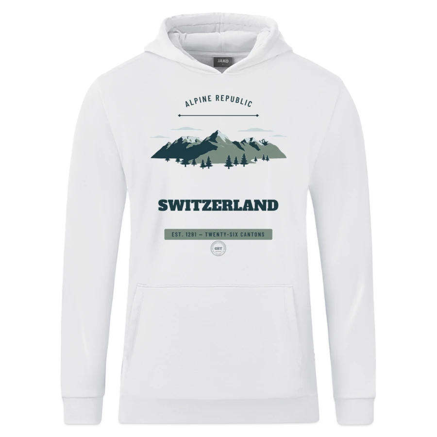 Switzerland badge on a jako organic kids’ hooded sweatshirt , white