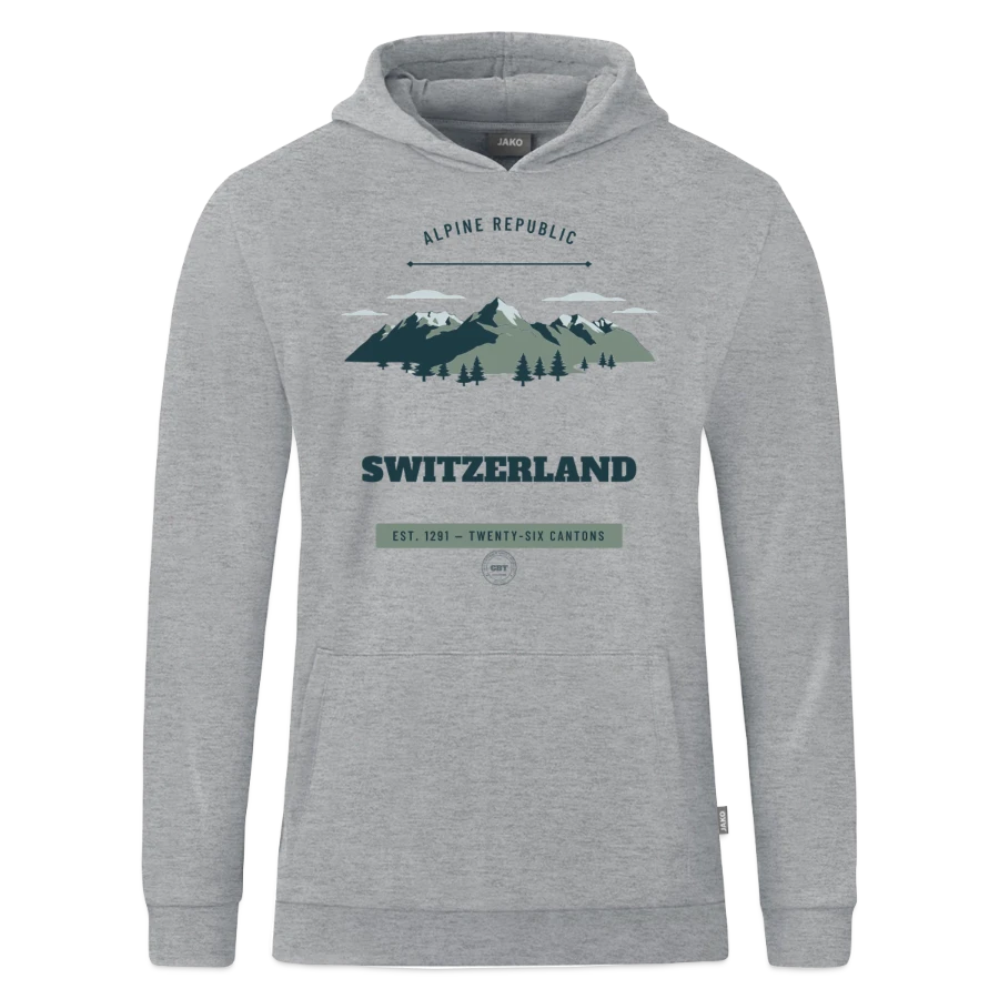 Switzerland badge on a jako organic kids’ hooded sweatshirt , heather grey