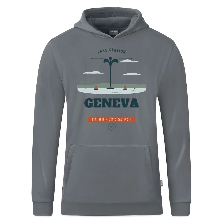 Geneva badge on a jako organic kids’ hooded sweatshirt , grey