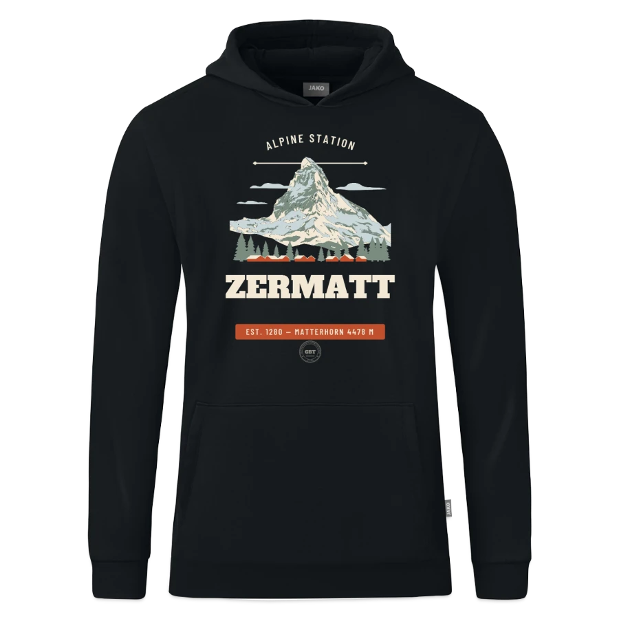 Zermatt badge on a jako organic kids’ hooded sweatshirt , black
