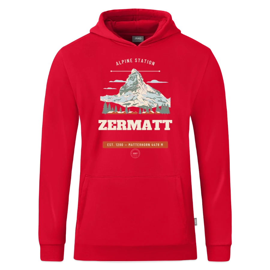Zermatt badge on a jako organic kids’ hooded sweatshirt , red
