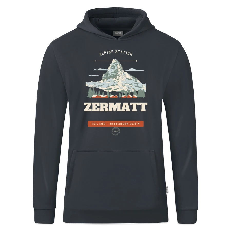 Zermatt badge on a jako organic kids’ hooded sweatshirt , anthracite