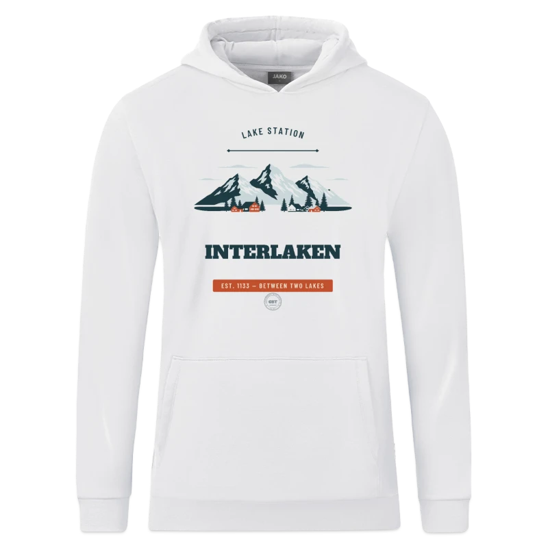 Interlaken badge on a jako organic teen hooded sweatshirt 